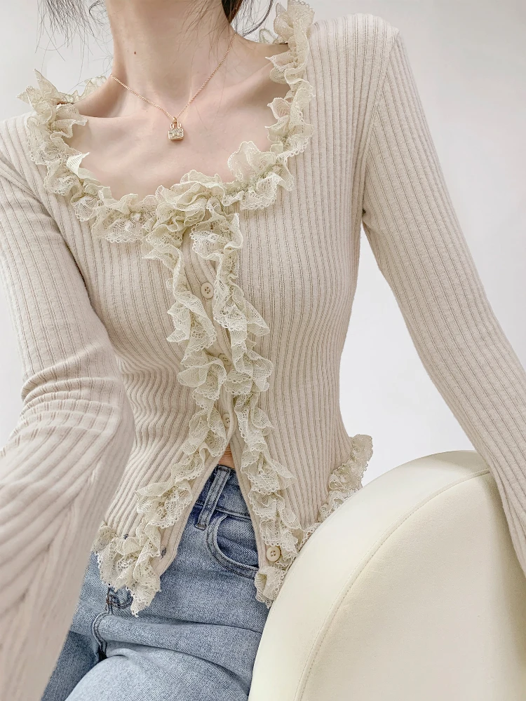2026 Square Collar Lace Edge Splicing Long Sleeve Knitted Sweater Retro Short Style Slim Tops Autumn Winter Women's Cardigan
