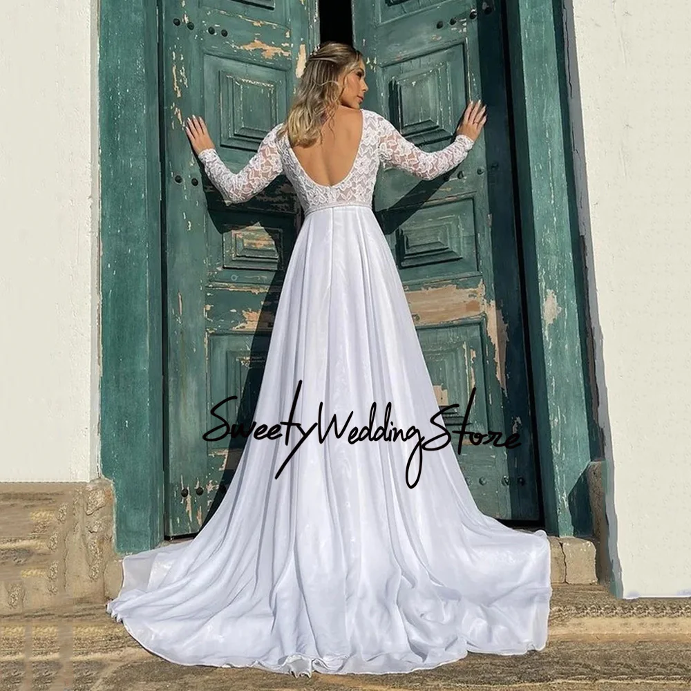 Pure White Boho Wedding Dress Sexy V Neck Long Sleeve Bohemian Lace Chiffon A Line Beach Bridal Gown Open Back Vestido De Noiva