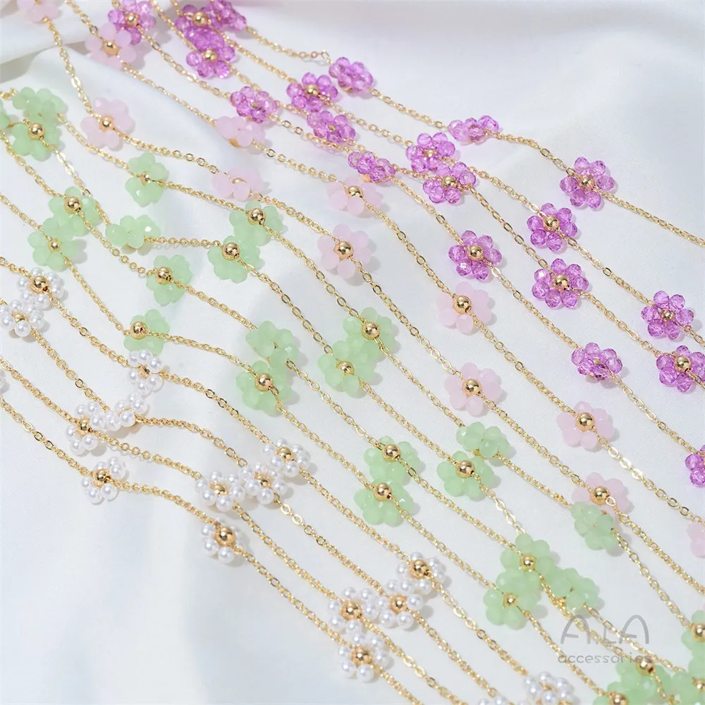 Diy Chain 14K Real Gold Pearl Purple Powder Green Crystal Flower Loose Chain Handcrafted Necklace Bracelet Accessories