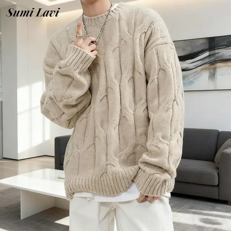 

Vintage Men's Knit Sweater Oversized Loose Crew Neck Pullover Casual Streetwear Fashion Warm Knitted Jumper for Autumn Winter