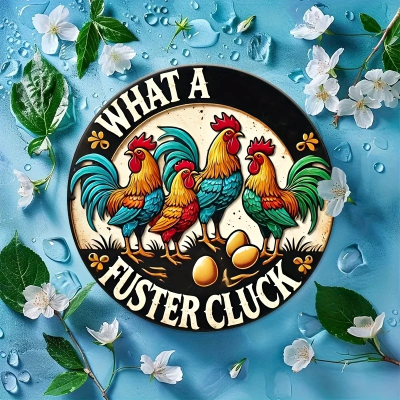 1 قطعة 8x8 بوصة "What A Fuster Cluck" علامة قصدير معدنية ملونة على شكل الديك - فن جداري دائري متين ومقاوم للرياح ومقاوم للماء من الألومنيوم