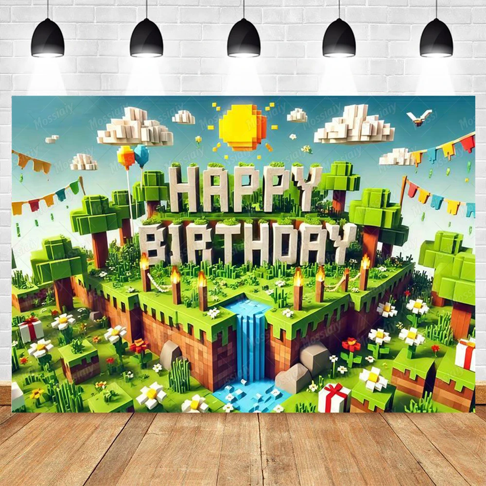 2D Pixel-Spiel Geburtstags-Hintergrundbanner Kinder Jungen Geburtstagsfeier Fotografie-Hintergrund Dekoration Vinyl-Material