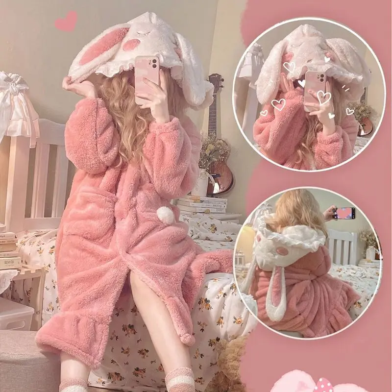 Autumn/winter pajamas female students thickening can wear pajamas outside coral velvet robe lovely rabbit hooded household take