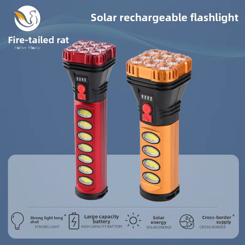 Outdoor Household Emergency LED Side Light Searchlight Bright Portable Solar Rechargeable Flashlight High Power Waterproof