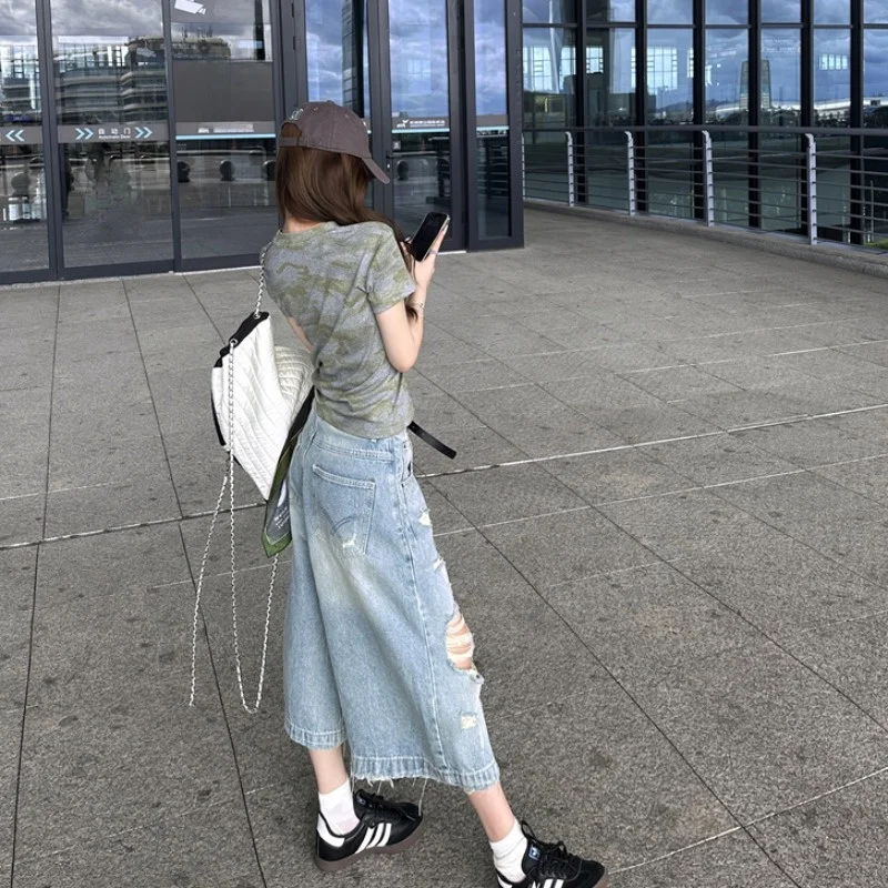 

Summer American Retro Camouflage Short Sleeve T-Shirt Women's High Street Faded Denim Shorts Seven-Foot Pants Casual Style