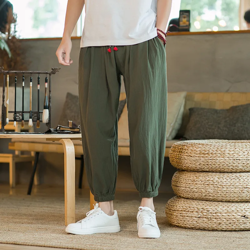 Men's Summer Cotton and Linen Wide-leg Pants, Japanese Haren Fashion Loose Large-size Street Nine-point Lantern Pants M-5XL