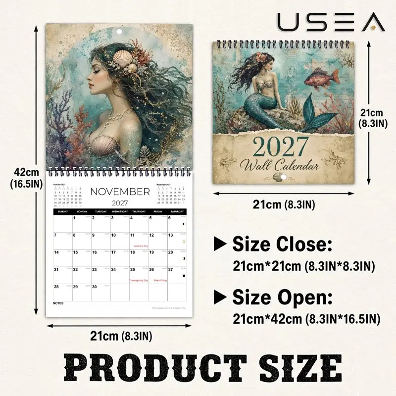 2027monthly planner,Vintage Mermaid 2027Wall Calendar,12 Month Monthly Planner Yearly Organizer,Habit Tracker, Holiday Gift