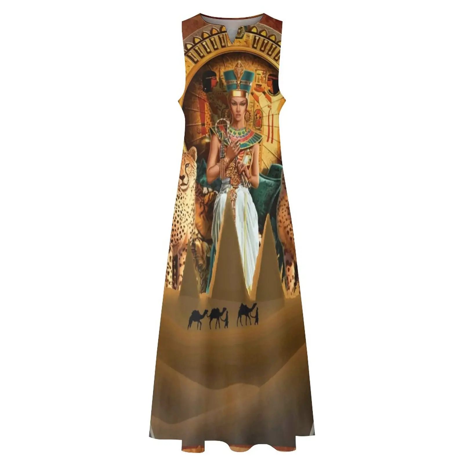 Vestido de la Reina de Egipto, Vestido largo elegante egipcio antiguo, sin mangas, con patrón bohemio, vestidos largos, moda urbana, Vestido de gran tamaño