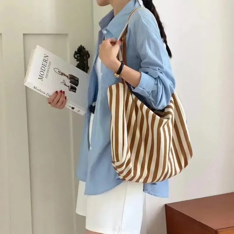 Korean Style Women's Chic Casual Versatile Striped Canvas Bag Practical Tote Bag Under The Armpit Large Capacity Shoulder Bag