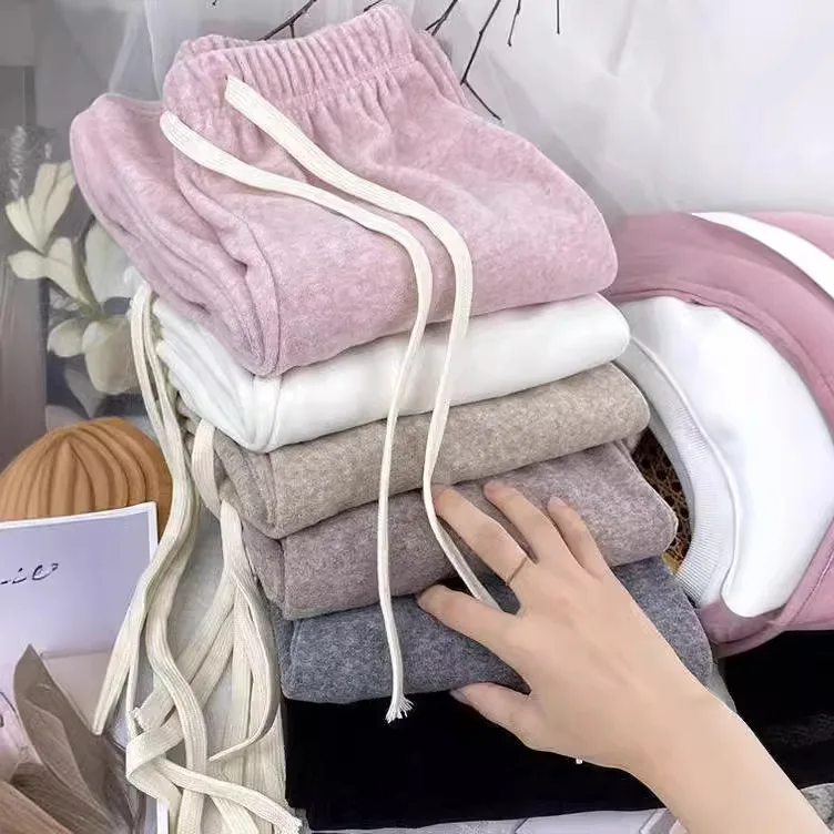 Women's Woolen Flannel Thickened Towel Pants High-Waisted Loose Fit Draped Rice Flour Wide Leg Pants Narrow Straight Casual