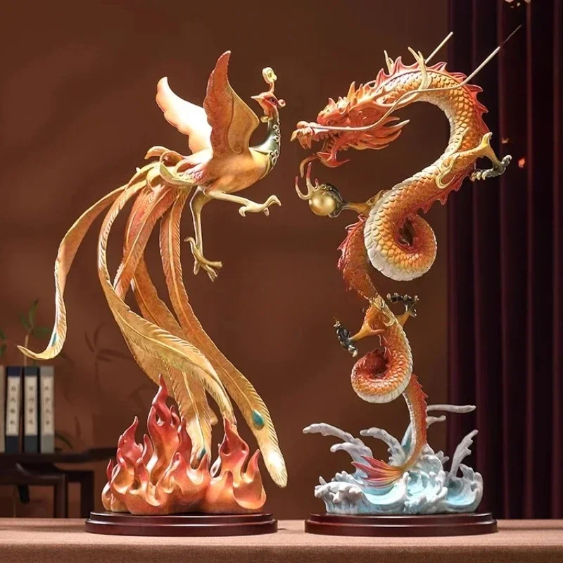 A  Jiaolong Play Water Dragon and Phoenix Ornament Copper Phoenix Home Furnishing Living Room Office Entrance Ornament