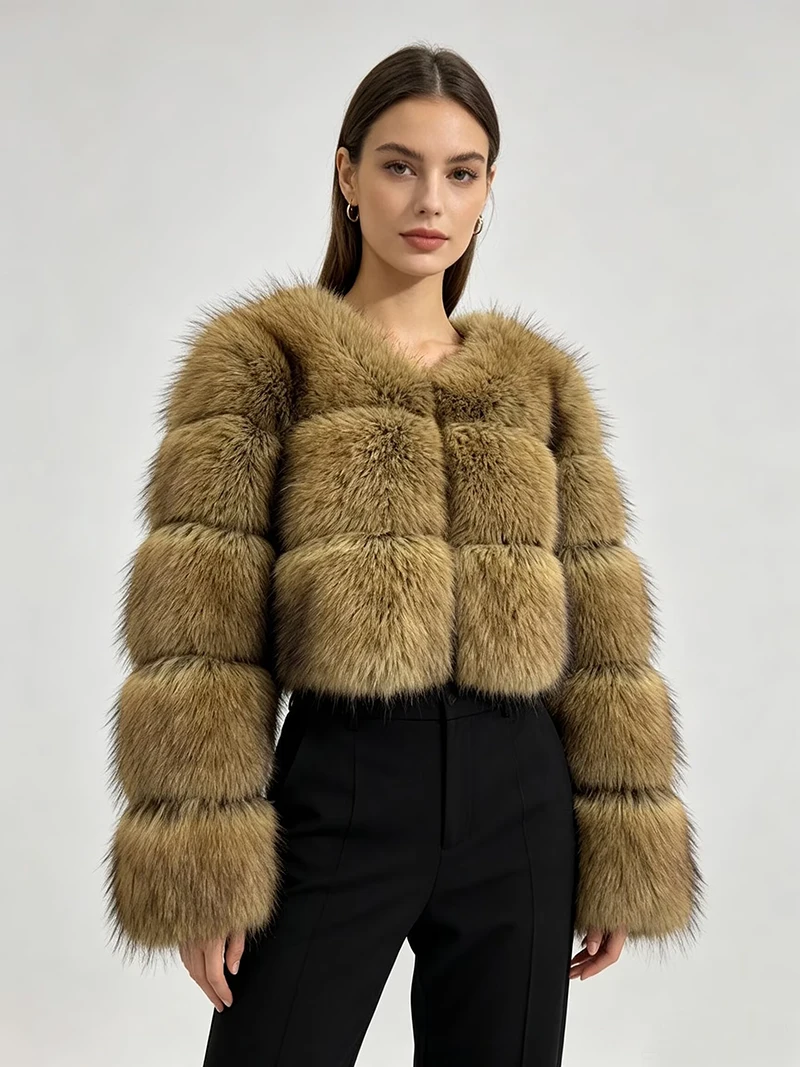 ZADORIN New Luxury Cropped Faux Raccoon Fur Coat Woman Winter Fashion O Neck Long Sleeve Short Fluffy Faux Fur Jacket Coats Tops