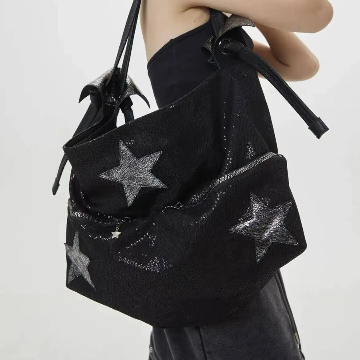 

Bloom Star Black Large Capacity Tote Women Hot Girls Beading Y2k Shoulder Messenger Bag Female Haruku Aesthetic Handbag