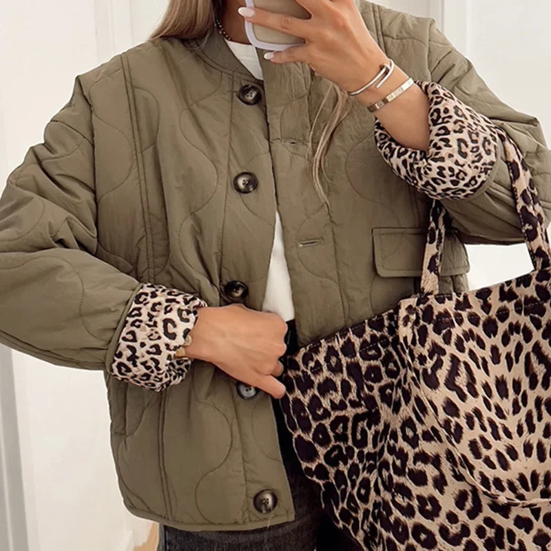 Leopard Print Lining Cotton Jacket Women Elegant Solid Single Breasted O Neck Pocket Coat Lady Autumn Winter Quilted Outwear