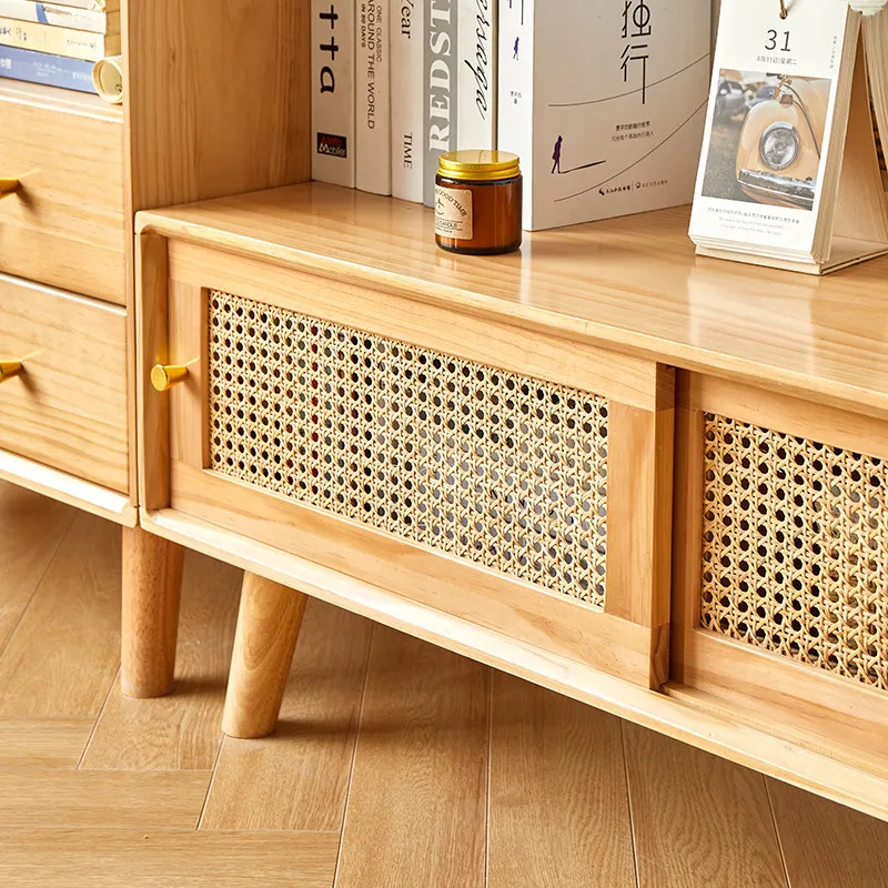 Solid wood TV cabinet living room simple modern small apartment Nordic floor-to-ceiling rattan Japanese log TV cabinet