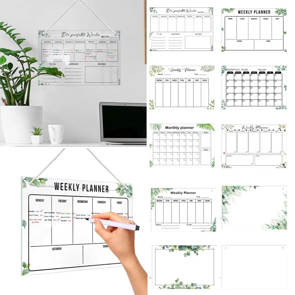 Transparent Message Board Acrylic Monthly Weekly Note Board Green Leaves Pattern Wall Hanging Erasable Whiteboard