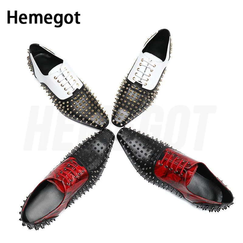 

Rivets Red Pattern Printed Men Dress Shoes Black Color Patchwork Suits Shoes Designer Banquet Shoes Wedding Shoes Foe Men