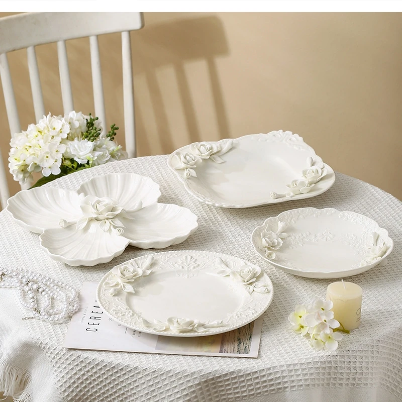 European hand embossed pinch flower Ceramic fruit plate cake dessert home setting restaurant salad dish