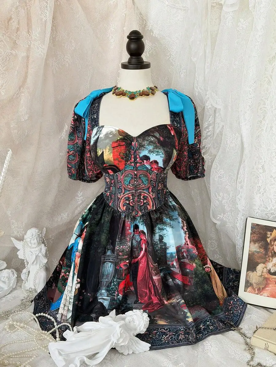 

Baroque Artwork-Printed Corset Dress With Puffed Sleeves, Turquoise Shoulder Bows, And Waist-Smoothing Silhouette