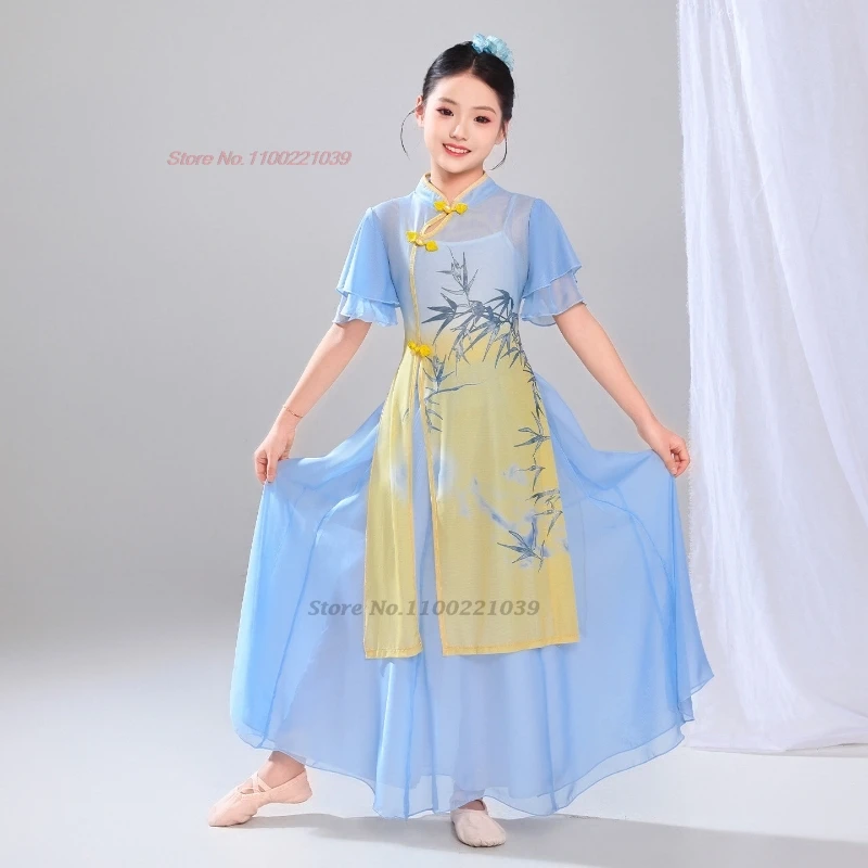 

2026 chinese dance dress national bamboo print children mesh qipao dress+pants set vintage stage performance folk dance qipao