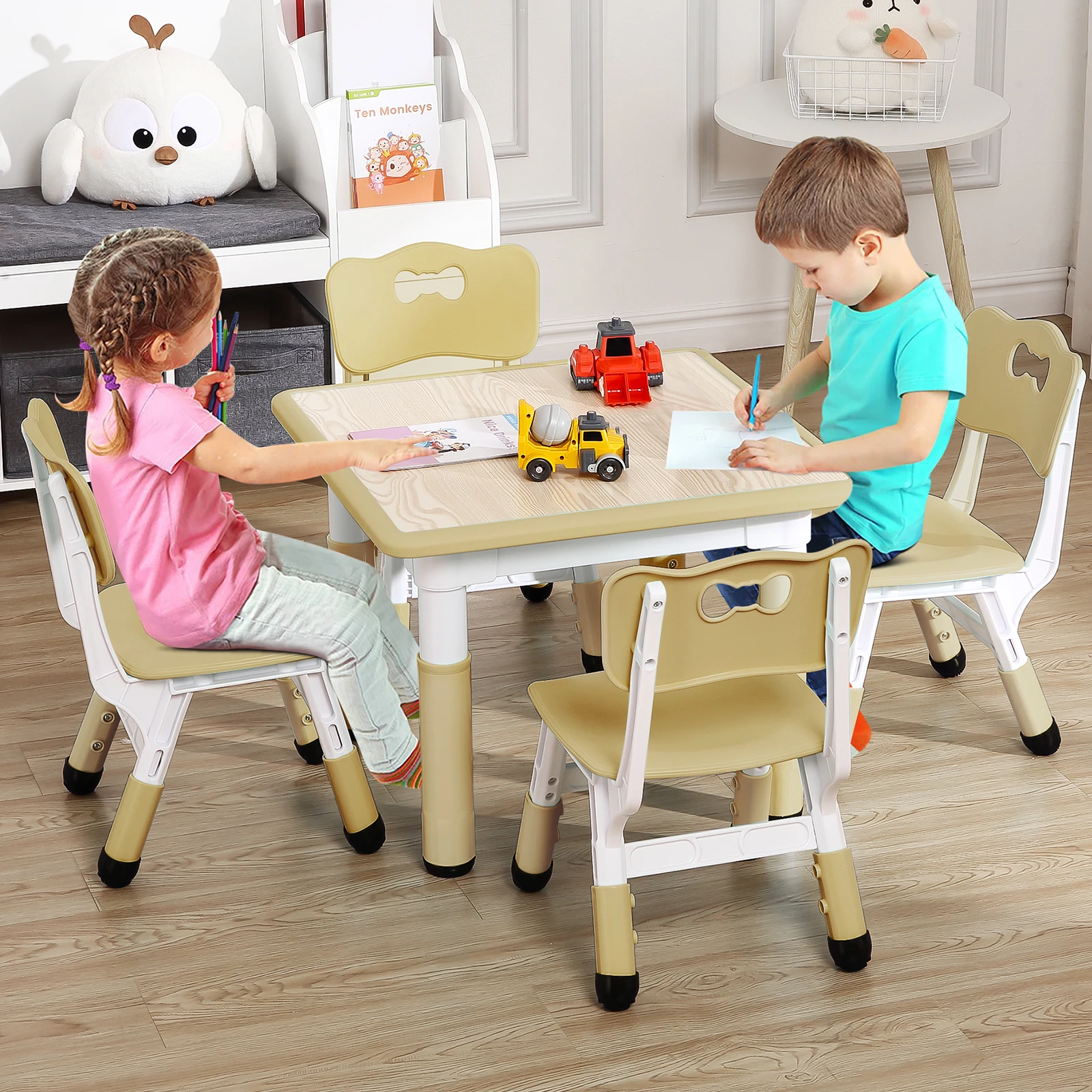 Kids Table and 4 Chairs Set, Height Adjustable Toddler Table and Chair Set for Ages 3-8, Easy to Wipe Arts & Crafts Table