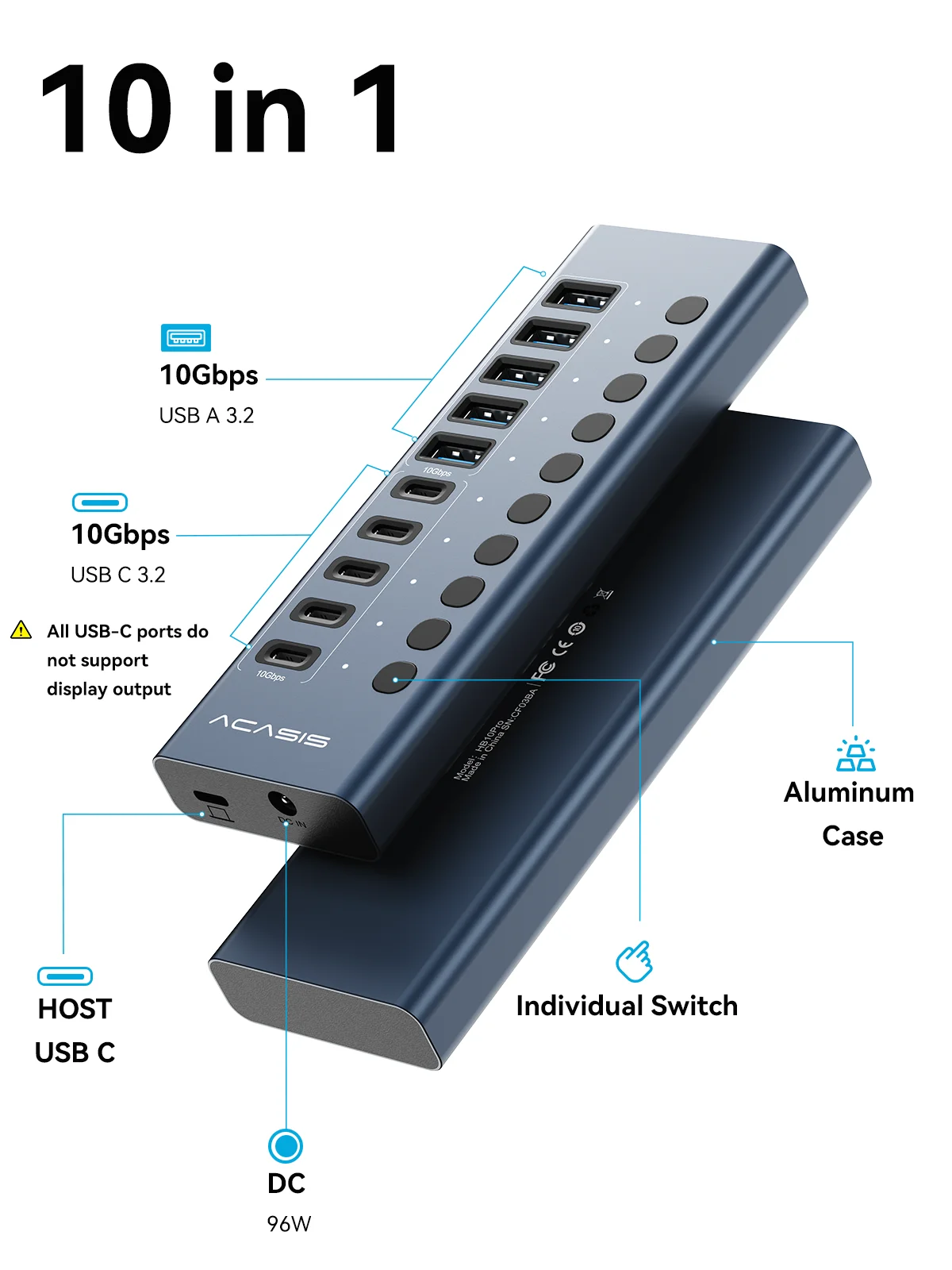ACASIS 10Gbps 10/16 Portowy Hub USB 3.2 z Zasilaniem, Aluminiowy Rozszerzacz USB 3.2 Type-C Gen2 z Indywidualnymi Przełącznikami Włącz/Wyłącz — zdjęcie produktu 3