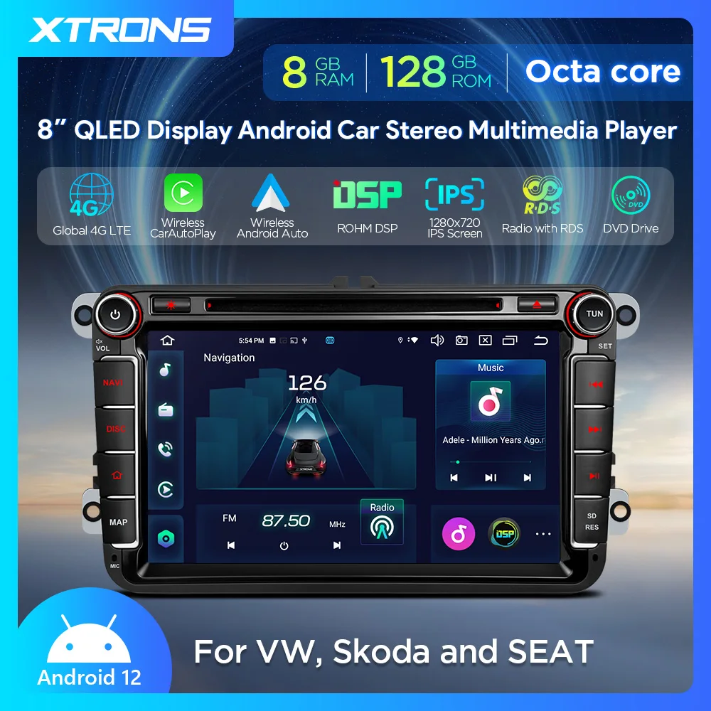 XTRONS 8-дюймовый автомобильный мультимедийный плеер для VW/SEAT/SKODA Android 14, восьмиядерный процессор 8 + 128 ГБ QLED, автомобильное радио, встроенный беспроводной CarPlay 4G AA