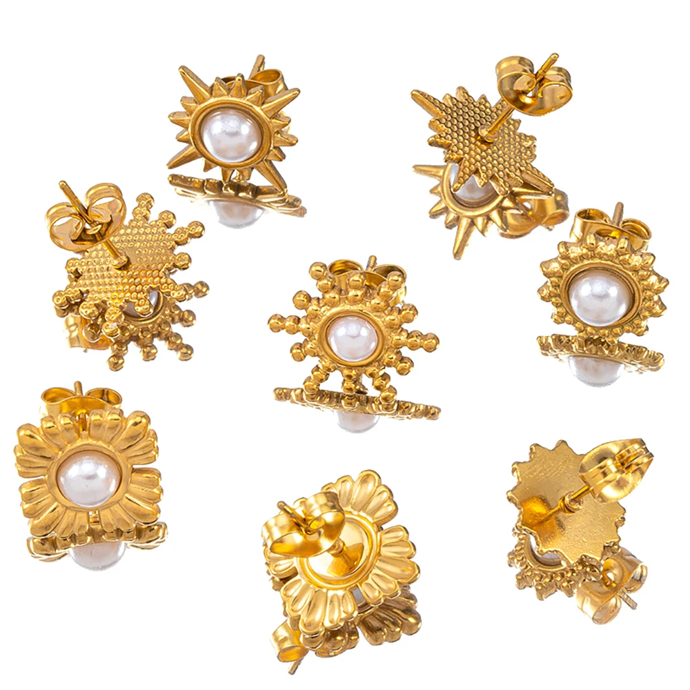 2pcs French Retro Stainless Steel Stud Earrings Pearl Flower Ear Post with Ear Plugs Hypoallergenic Metal Earrings Accessories