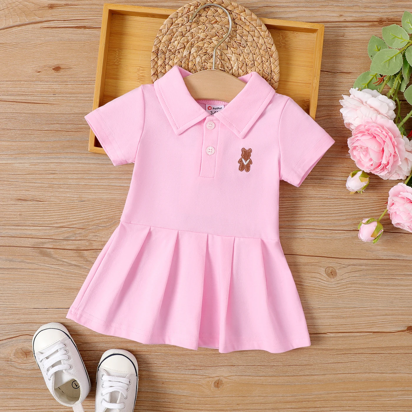 PatPat Baby Girl Bear Embroidered Polo Neck Pleated Dress