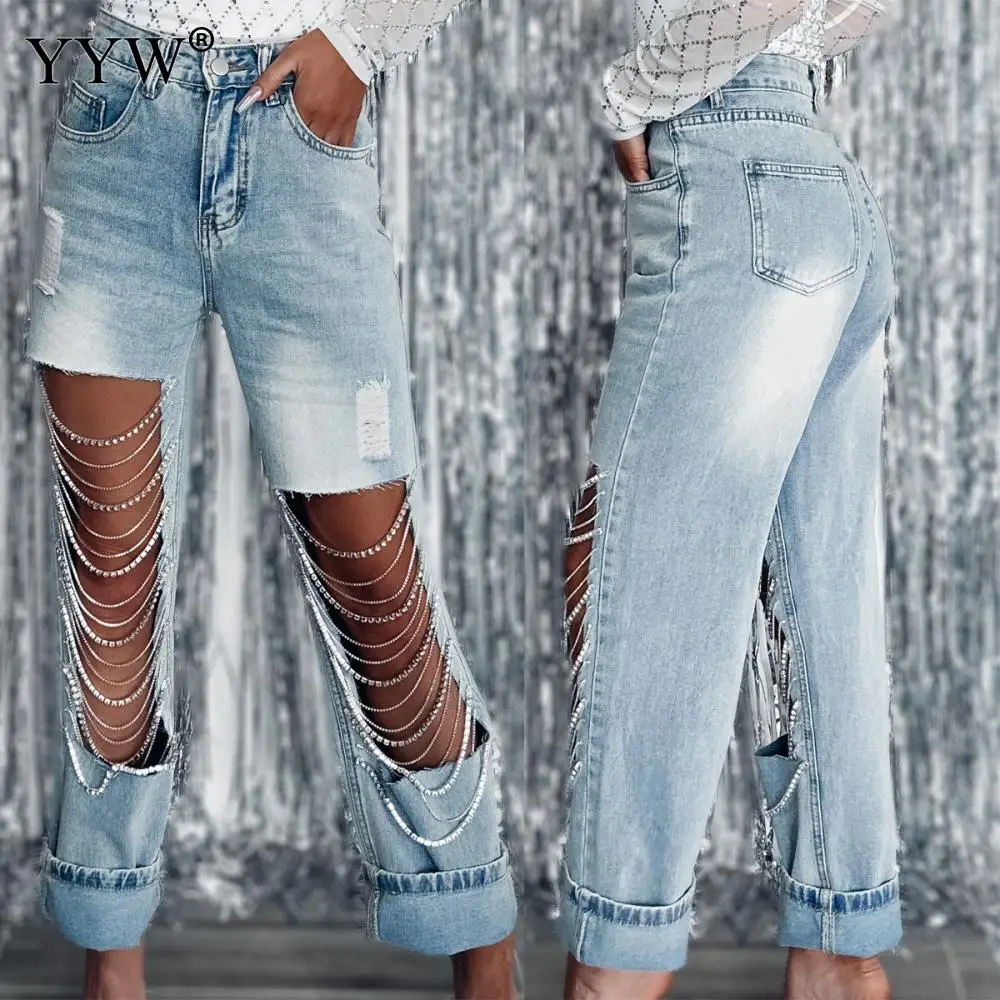 

Spring Big Hole Jeans Women Chain Charm Straight Jeans Korean Fashion Denim Y2K Vintage Clothes Women'S Pants Straight Leg Jeans