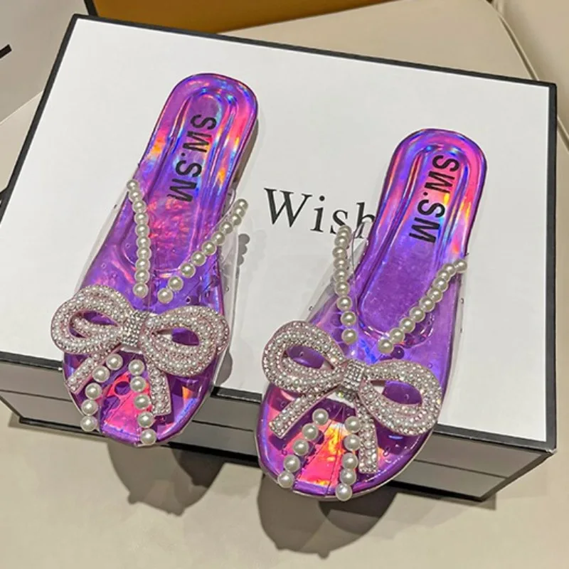 

Low Slippers Women Summer Loafers Female Shoes Cover Toe Slides Fashion Soft 2025 Flat Luxury Bling Rubber PU Basic Loafers Low