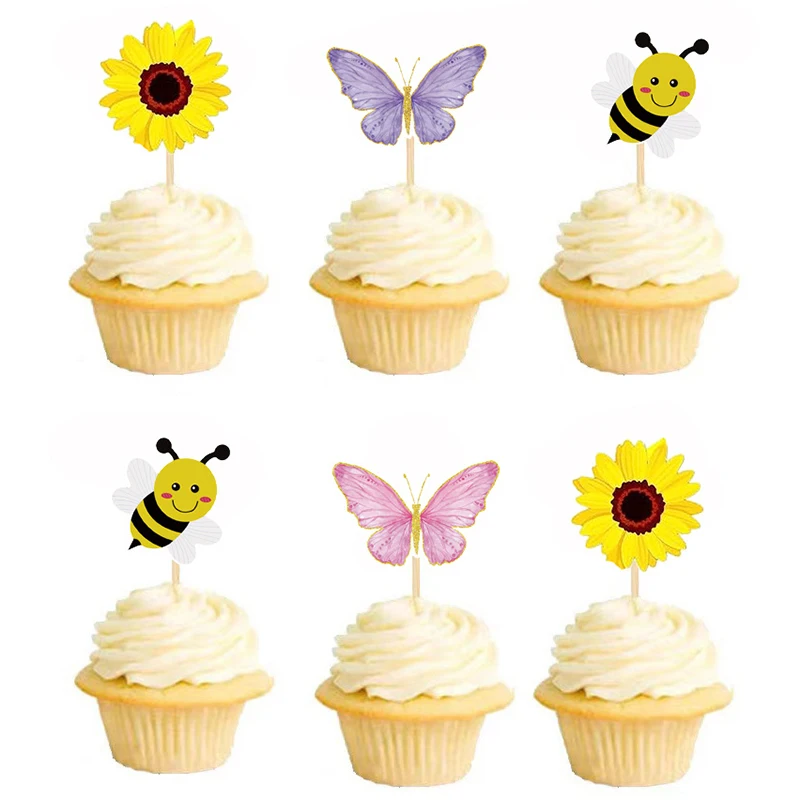 10Pcs Birthday Theme Paper Cup Cake Top Decoration Bee Butterfly and Chrysanthemum Cake Decoration Bamboo Paper Selection