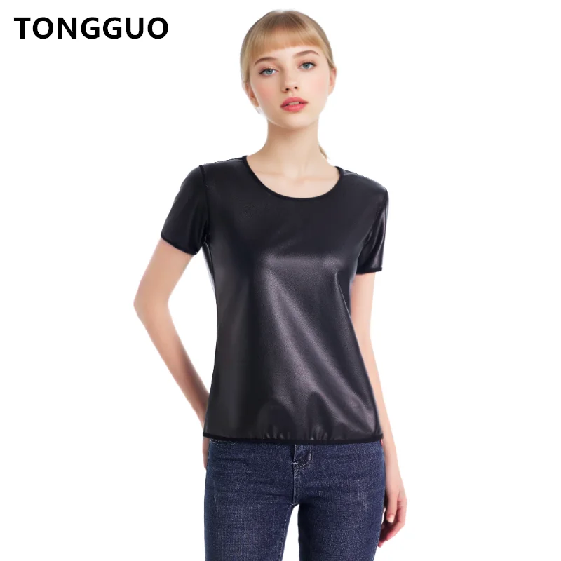 Новый стиль, женская мотоциклетная футболка из искусственной кожи с коротким рукавом, приталенная футболка, топ, формирователь талии, тонкая футболка, модное корректирующее белье