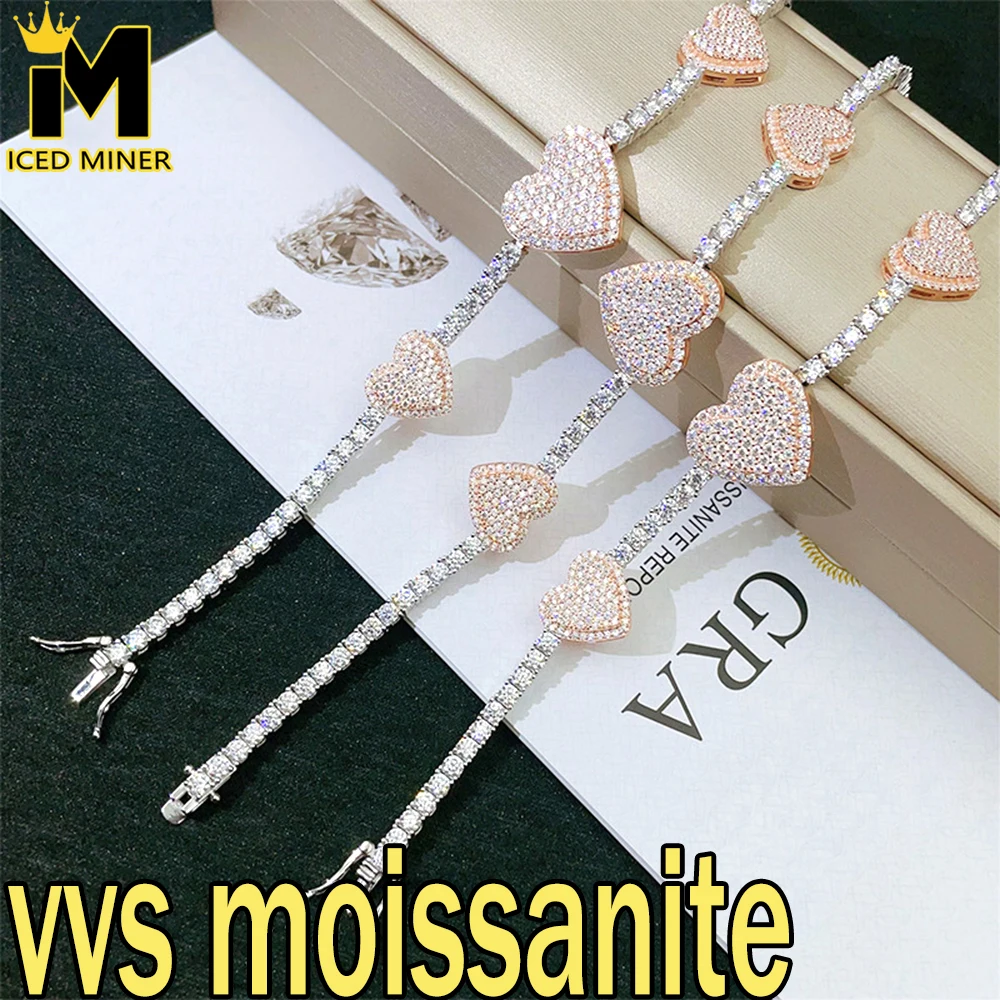 3mm Moissanite Heart S925 Silver Tennis Chain Necklaces For Women Iced Out Hand Chain Pass Diamonds Tester Hip Hop Goth Jewelry