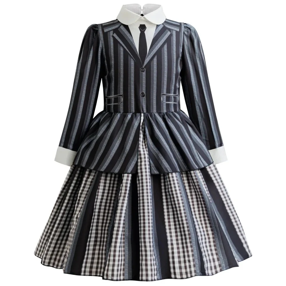 

2025 New Halloween Girls' Costume Stage Performance Cosplay Children's Dresses Fake Two-piece Gray School Uniform Dress
