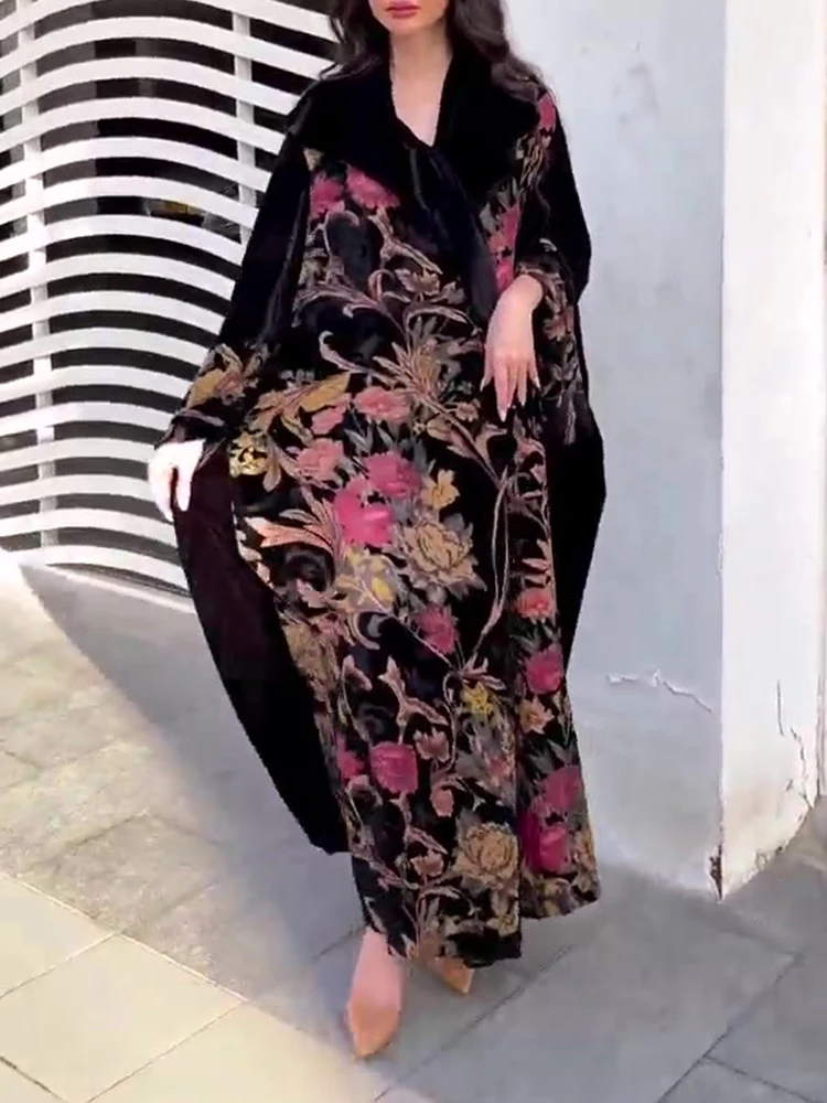 Elegant V-neck Splicing Robe Windbreaker Women's Casual Long Sleeve Draped Loose Jacket Fashion Flower Print Color Blocked Coats