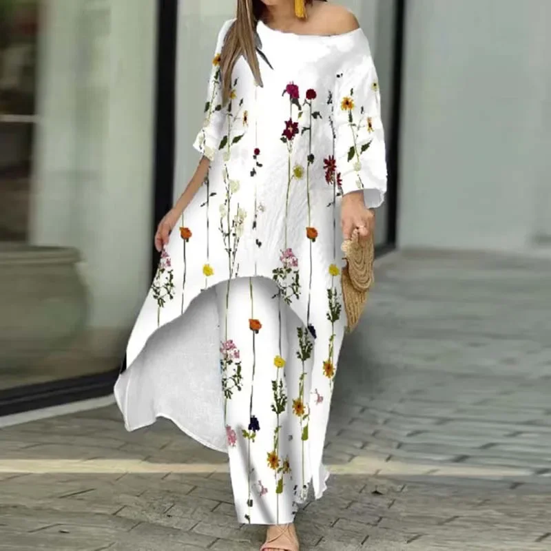 Fashion O Neck Mid Dress Suit Casual Floral Print Women's Two-piece Set Sexy Off Shoulder Pullover Tops And Loose Pants Outfits