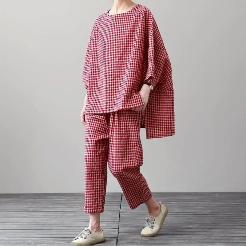 

Pop Cotton Linen Pants Sets Short Sleeve Vintage Plaid Tops And Casual Pants Oversized Korean Fashion Two Piece Sets Women Outf