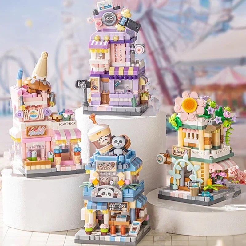 مجموعة مكعبات بناء City Cafe، قم بإنشاء عرض متجر الآيس كريم والزهور الخاصة بك، مجموعات منزل الطعام على نطاق صغير لتزيين المنزل #1