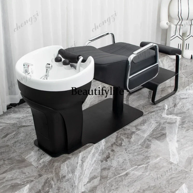 NQ52 High-end massage shampoo bed, special stainless steel ceramic basin for hair salon, semi-reclining flush bed