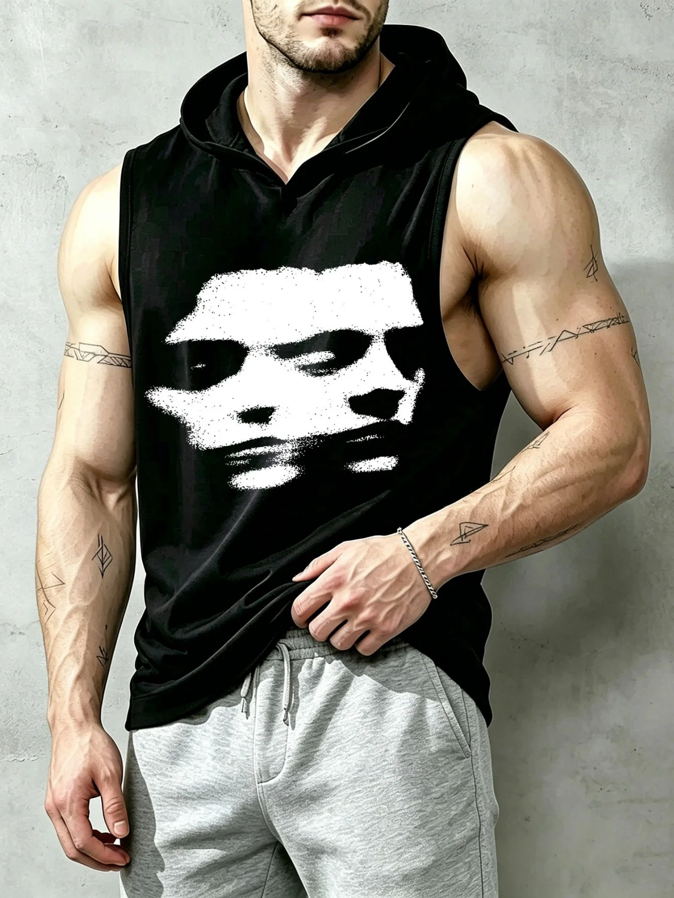 Unisex Abstract Double Face Distressed Print Sleeveless Hooded Tank Top Dark Grunge Casual Hood Vest
