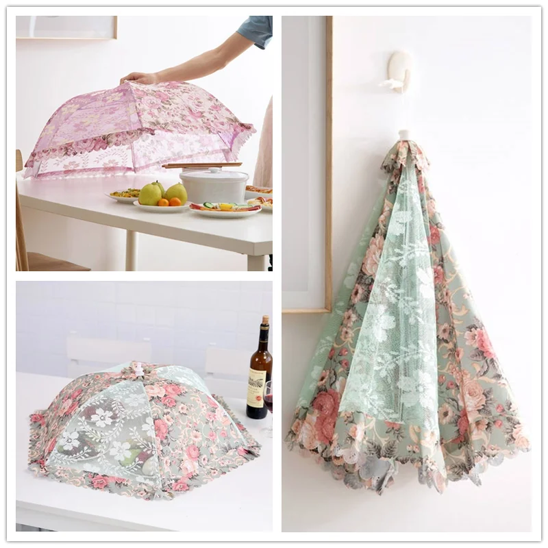 Dustproof Mesh Food Cover Umbrella Shape Fly Proof Stain Proof  Table Cover Lace Mesh Folding Vegetable Cover Kitchen Gadgets