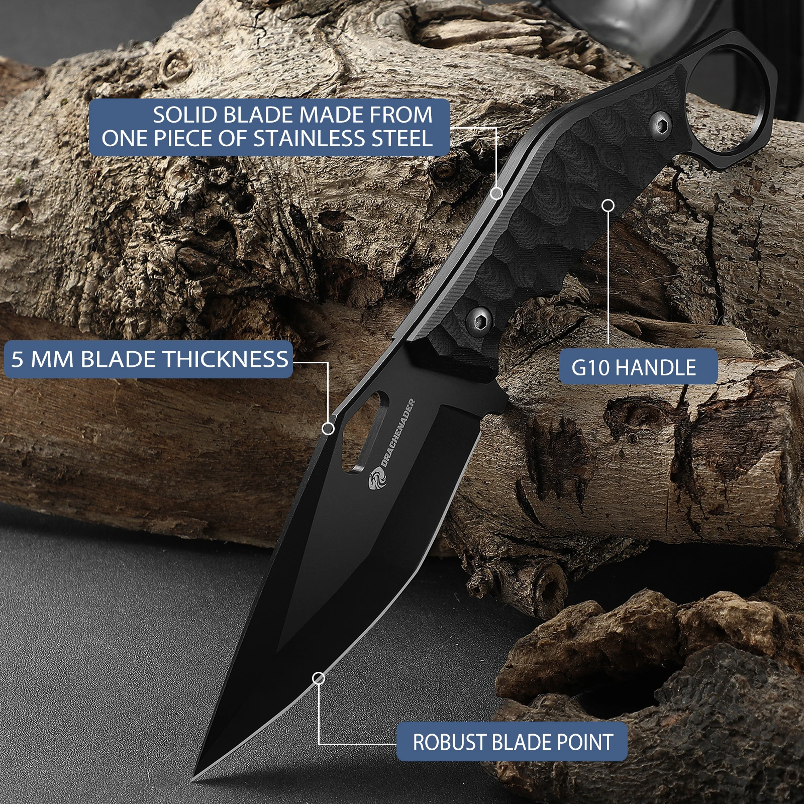 Survival Knife Tactical EDC Fixed Blade for Men with Kydex Sheath 5mm Thick Stainless Steel G10 Anti-Slip Handle Full Black