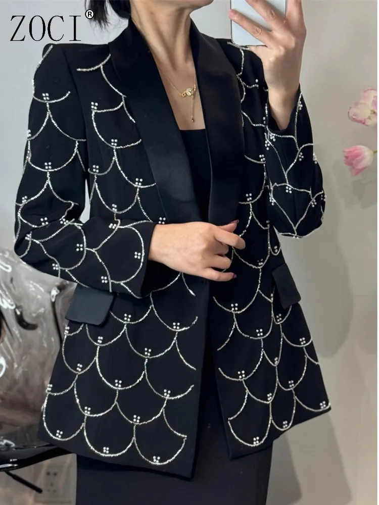 

ZOCI Fish Scales Single Button Blazers For Women V-neck Unique Design Female Suit Jackets Long Sleeve Notched Collar Coats 2025