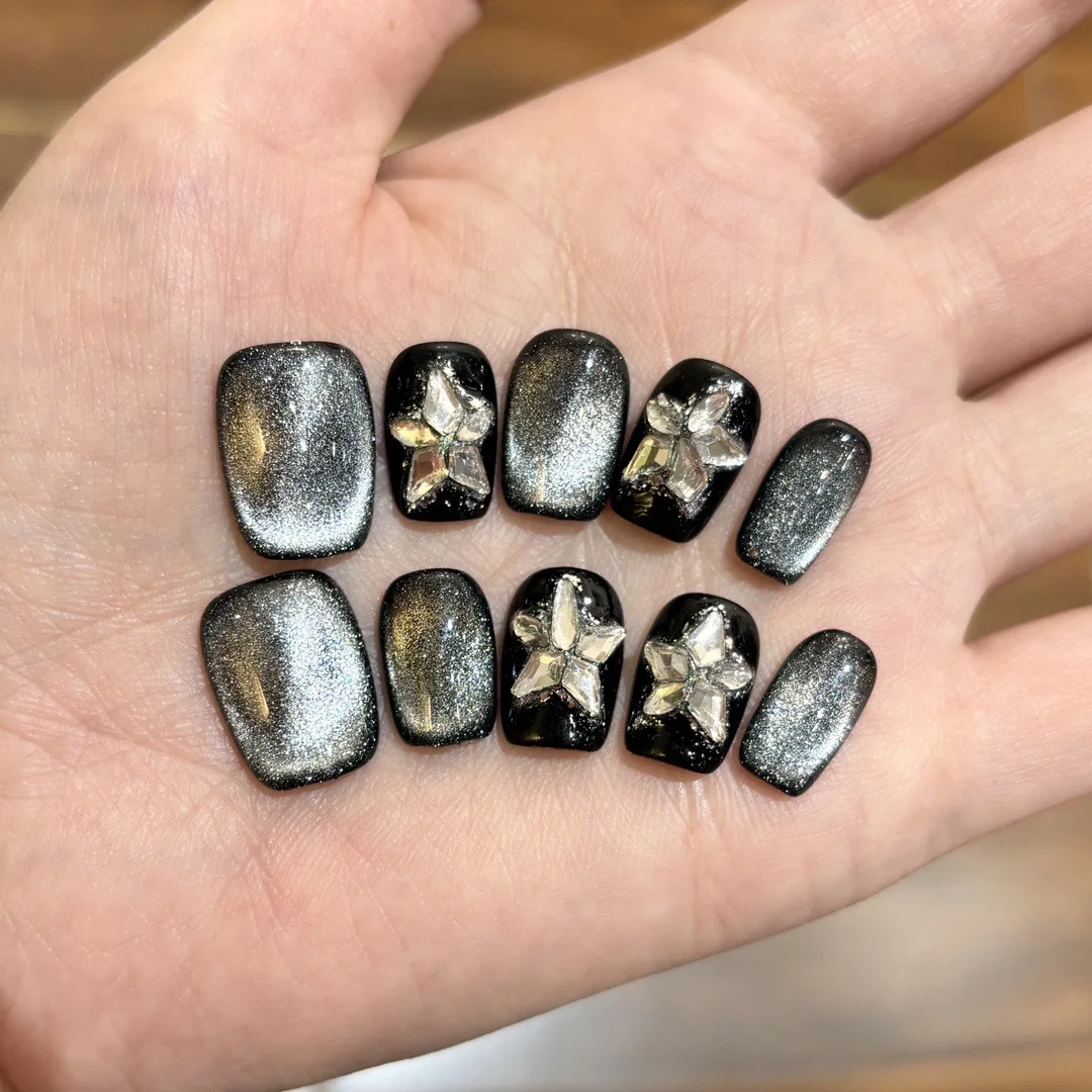 10 Uds. De uñas postizas hechas a mano con diamantes brillantes, bonito ojo de gato, puntas de uñas postizas de Ballet cortas, juegos de uñas postizas rosa, manicura reutilizable