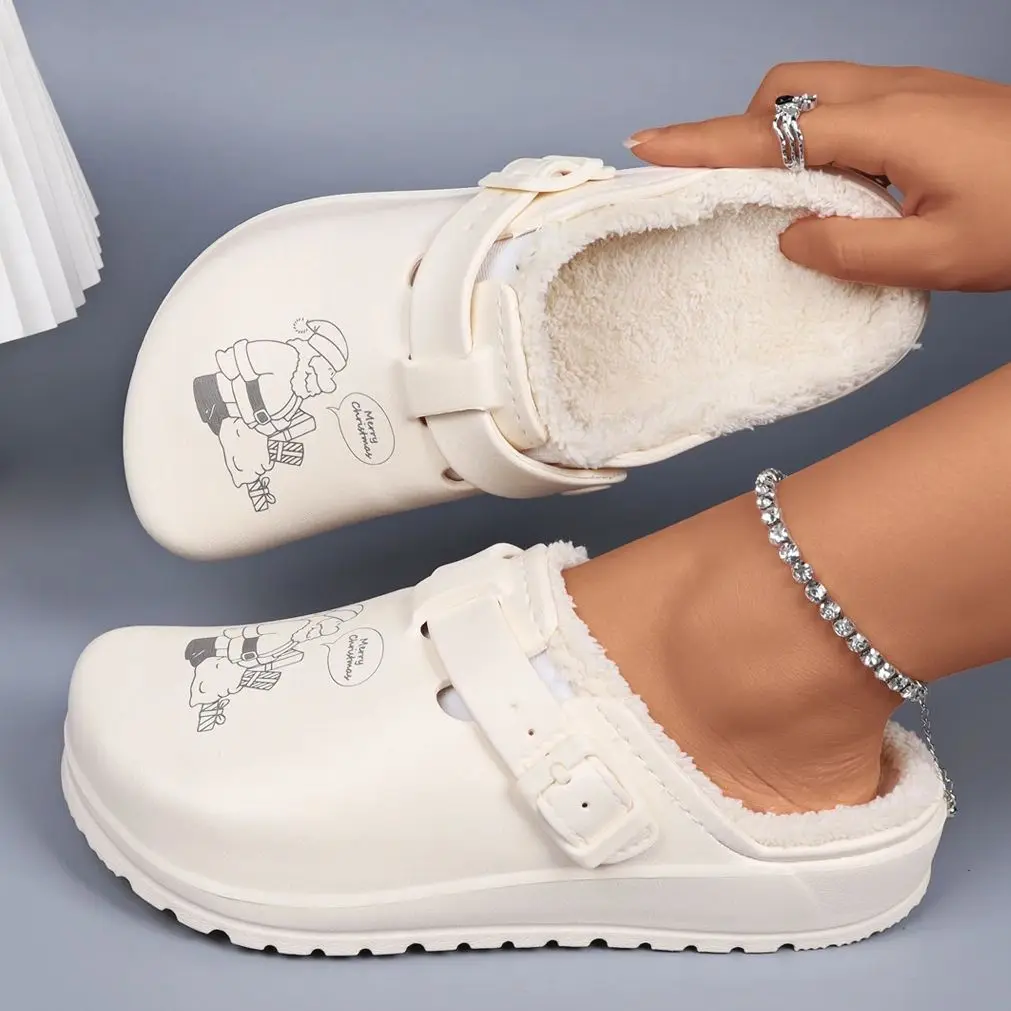 Christmas Women Fluffy Slippers Winter Indoor EVA Thick Sole Anti-Slip Warm Chef Shoes Unisex Slides For Any Occasion Wear