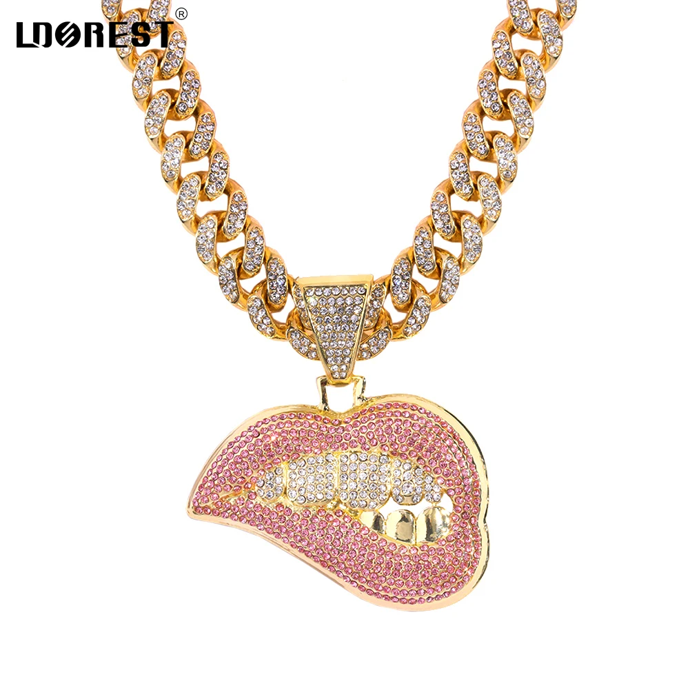 HipHop Rock Shiny Bite Lip Shape Cuban Necklace For Men Women 13mm Miami Cuban Link Choker Necklaces Fashion Charm Jewelry Gifts