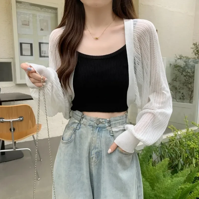 Hollow Knit Cardigan White Sweet Loose Women Short Top Thin Coat Sunscreen Clothing Korean Fashion Spring Autumn Wholesale