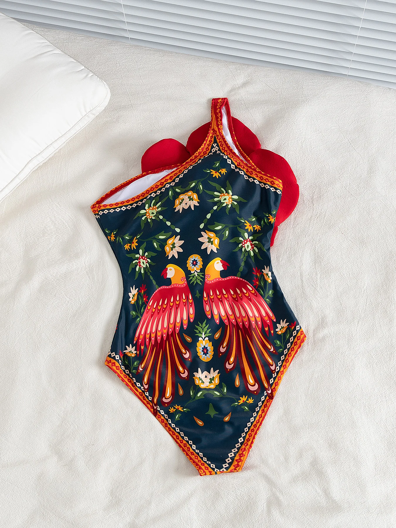 2025 Sexy One-Piece Swimsuit – Tropical Bird Print with 3D Red Flower Perfect for Beach Wear and Pool Parties Summer Beachwear