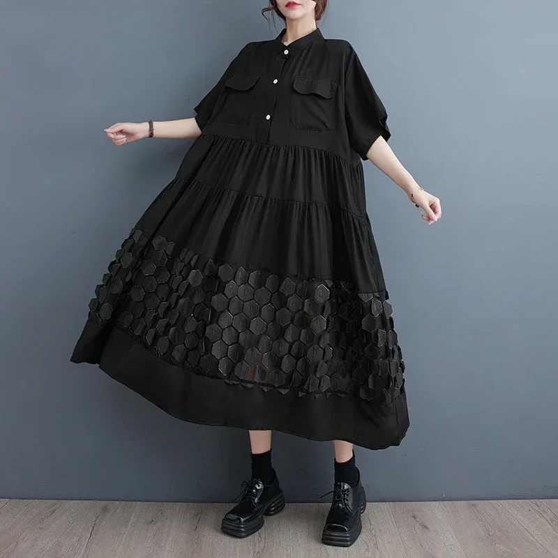 Patchwork Honeycomb Black Half Buttoned Tiered Loose Casual Women Midi Shirt Dresses Stand Collor Spring Autumn